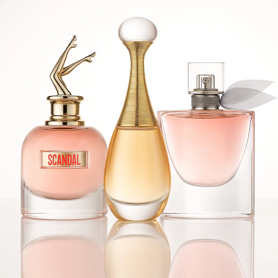 Combo aus 3 Damenparfums – Scandal von Jean Paul Gaultier, J’adore von Dior und La Vie Est Belle von Lancôme